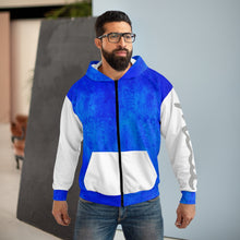 Load image into Gallery viewer, Blue and White AOP Unisex Zip Hoodie
