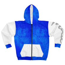 Load image into Gallery viewer, Blue and White AOP Unisex Zip Hoodie