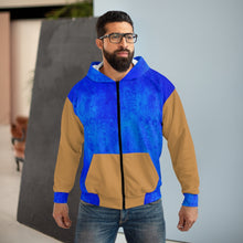 Load image into Gallery viewer, Blue and Gold AOP Unisex Zip Hoodie
